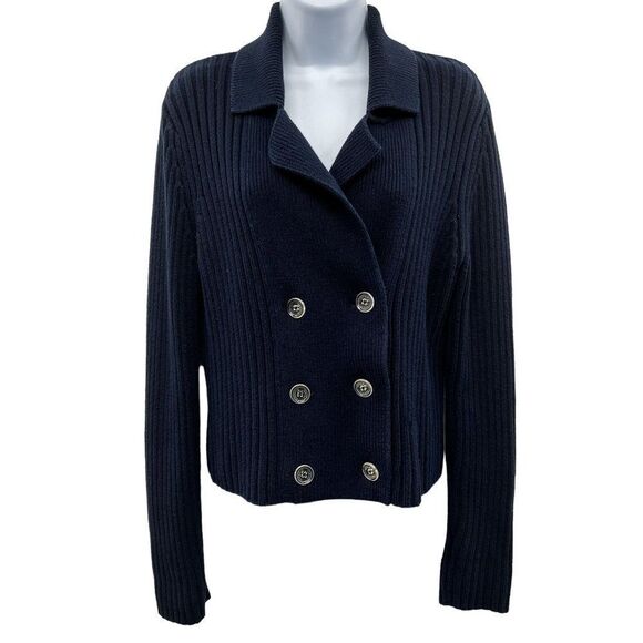 2/$30 Isaac Mizrahi Double Breasted Ribbed Collared Sweater Top Navy Blue - Picture 1 of 7